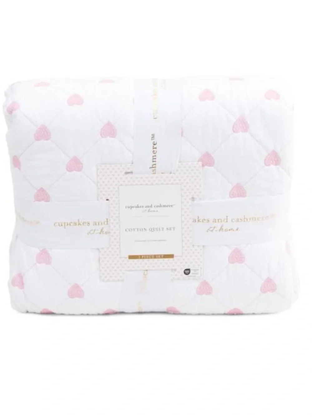 cupcakes & cashmere White Cotton Quilt with Pink Heart Motif
